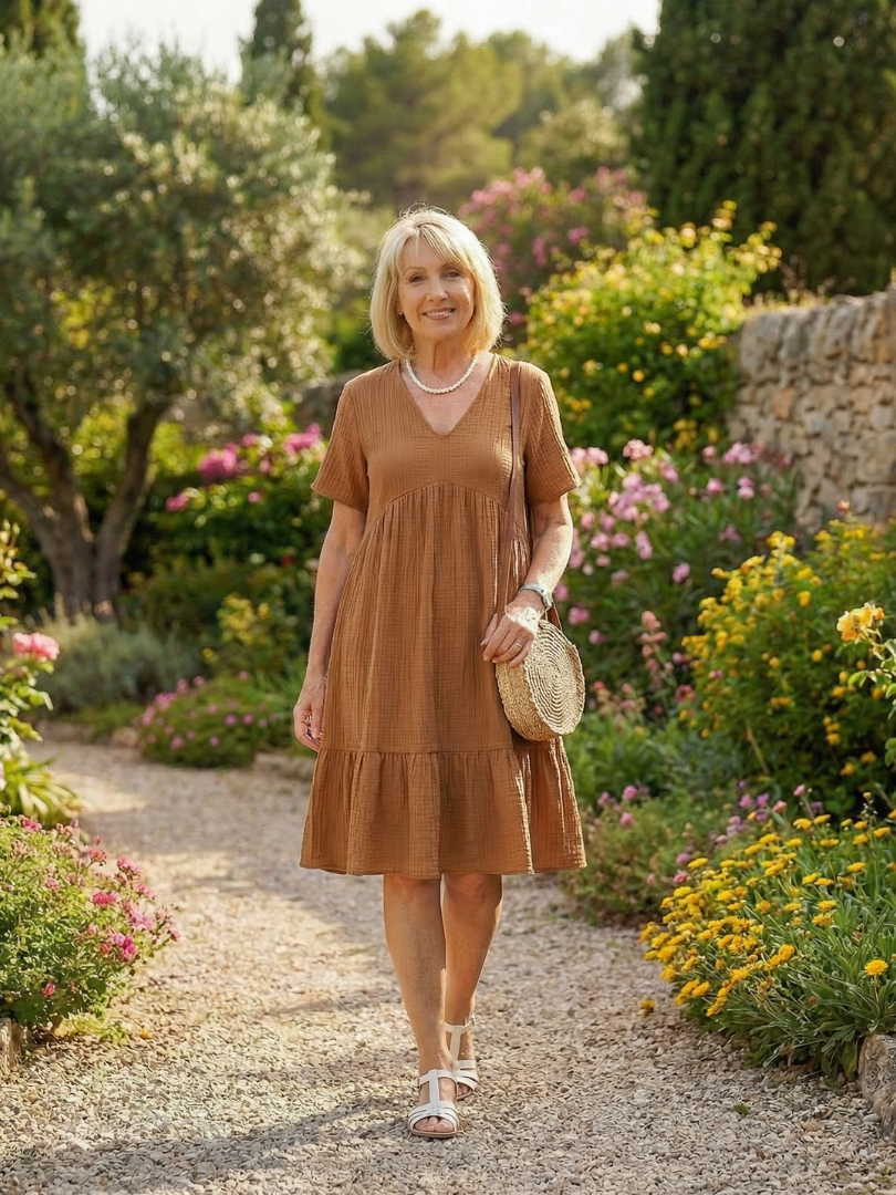 Brown woven ease dress with V-neck, short sleeves, and tiered skirt
