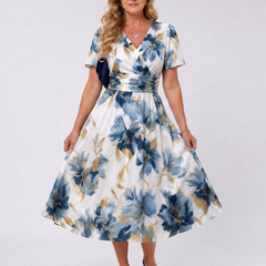Floral print wrap midi dress with V-neck, short sleeves, blue and gold blooms