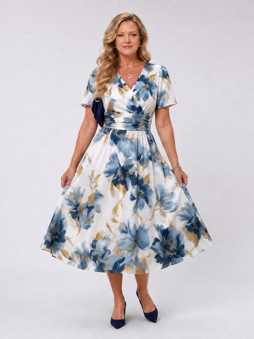 Floral print wrap midi dress with V-neck, short sleeves, blue and gold blooms