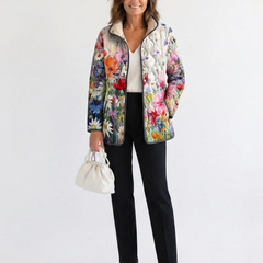 Multicolor floral quilted jacket with full front zipper and side pockets