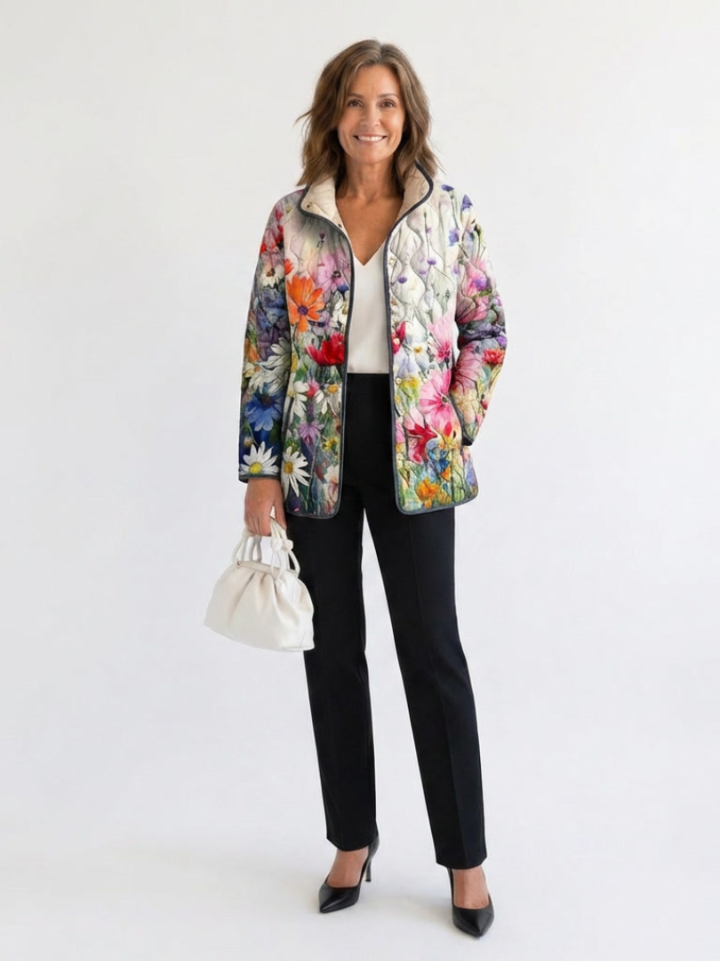 Multicolor floral quilted jacket with full front zipper and side pockets