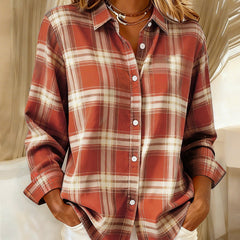 Plaid button-up shirt with notched collar, orange and white check, long sleeves