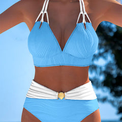 High-waisted double-strap swimsuit in light blue with white contrast straps