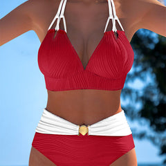 Women’s high-waisted double strap swimsuit, red top with white contrast waistband, striped