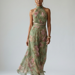 Sage green gathered halter midi dress with pink floral print, sleeveless draped skirt