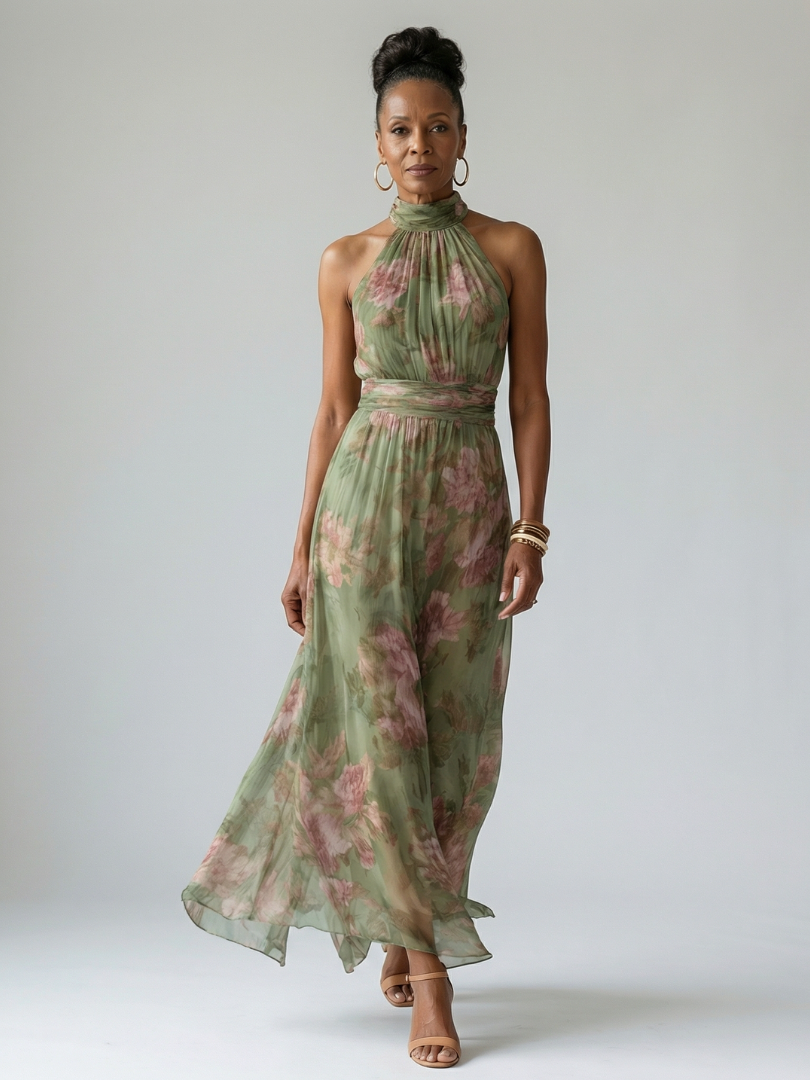 Sage green gathered halter midi dress with pink floral print, sleeveless draped skirt