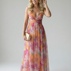 Multicolor soft-wrap maxi dress with V-neck, ruched waist, sleeveless