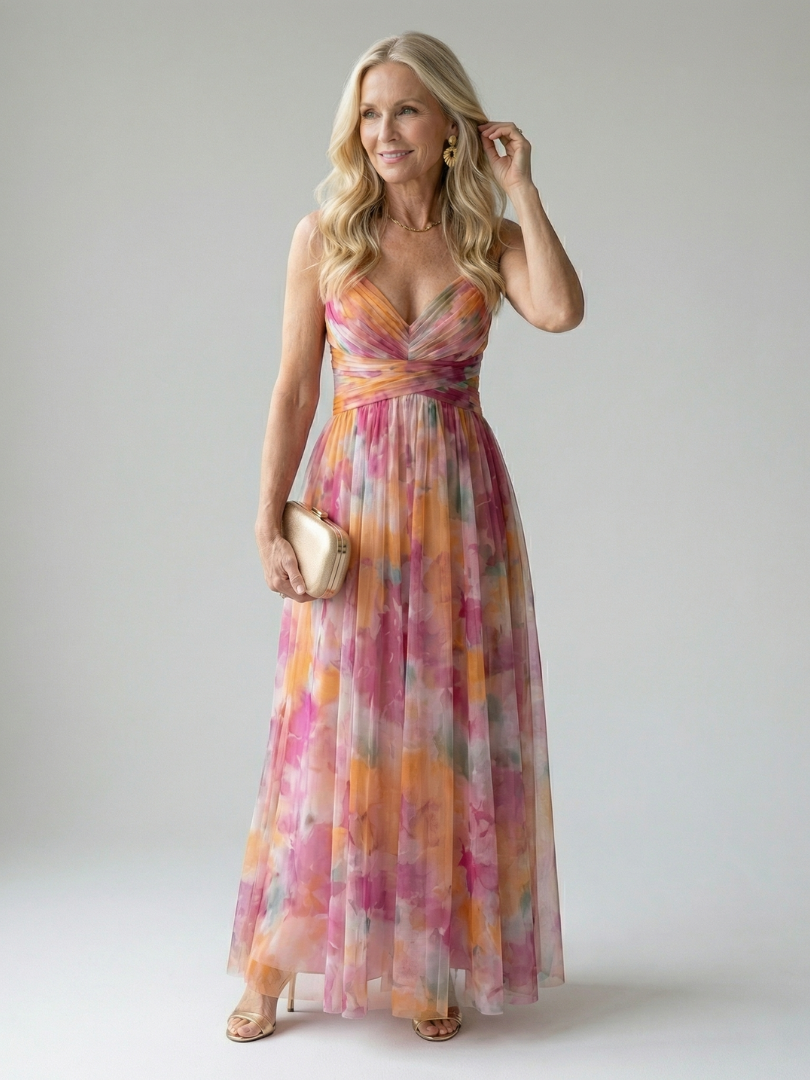 Multicolor soft-wrap maxi dress with V-neck, ruched waist, sleeveless