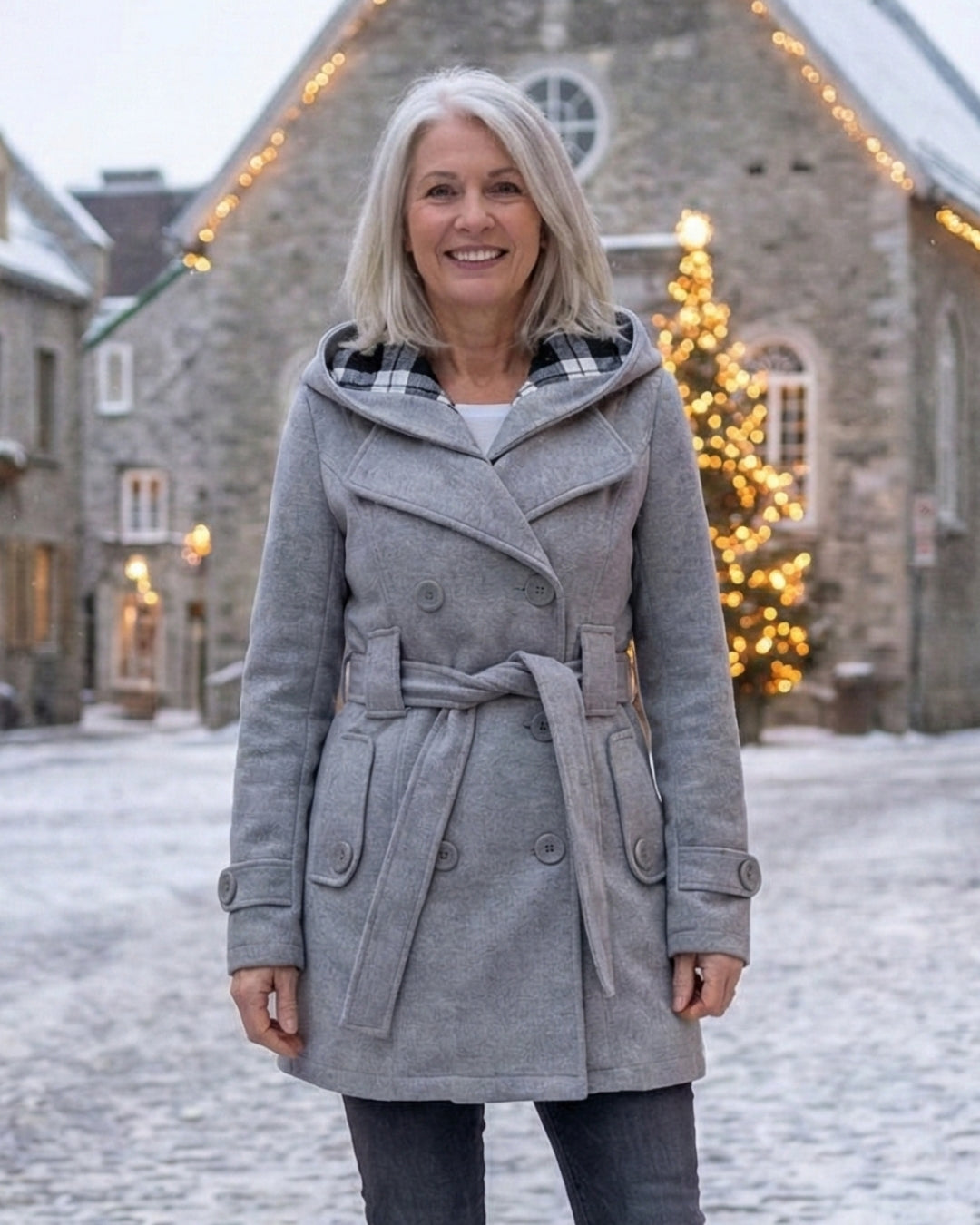 Plaid-collar wool coat, light gray, hooded with double-breasted buttons and belt