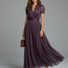Gathered waist keyhole maxi dress in purple, short puff sleeves and pleated skirt