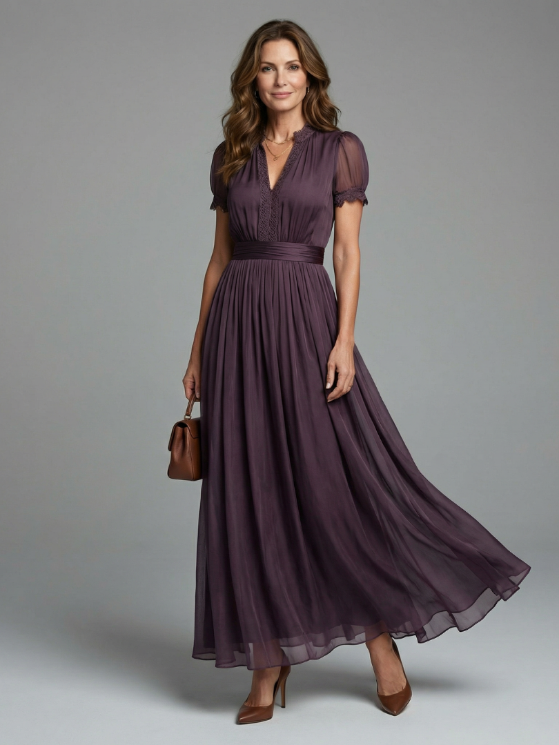 Gathered waist keyhole maxi dress in purple, short puff sleeves and pleated skirt