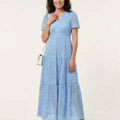 Sky blue V-neck short-sleeve tiered maxi dress with eyelet-like patterned fabric