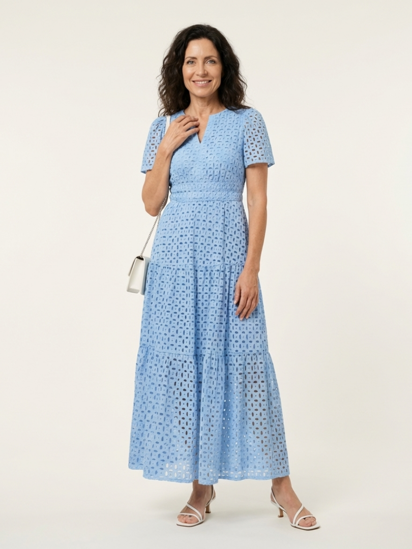 Sky blue V-neck short-sleeve tiered maxi dress with eyelet-like patterned fabric