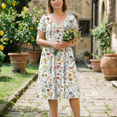 White wildflower print dress with short sleeves and scoop neckline, gathered skirt