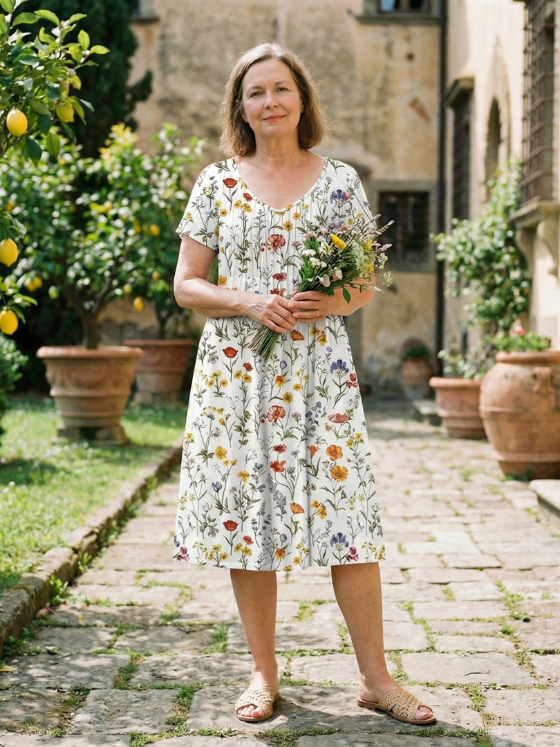 White wildflower print dress with short sleeves and scoop neckline, gathered skirt