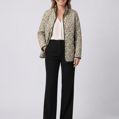 Vintage floral print quilted jacket with button front and stand collar, multicolour