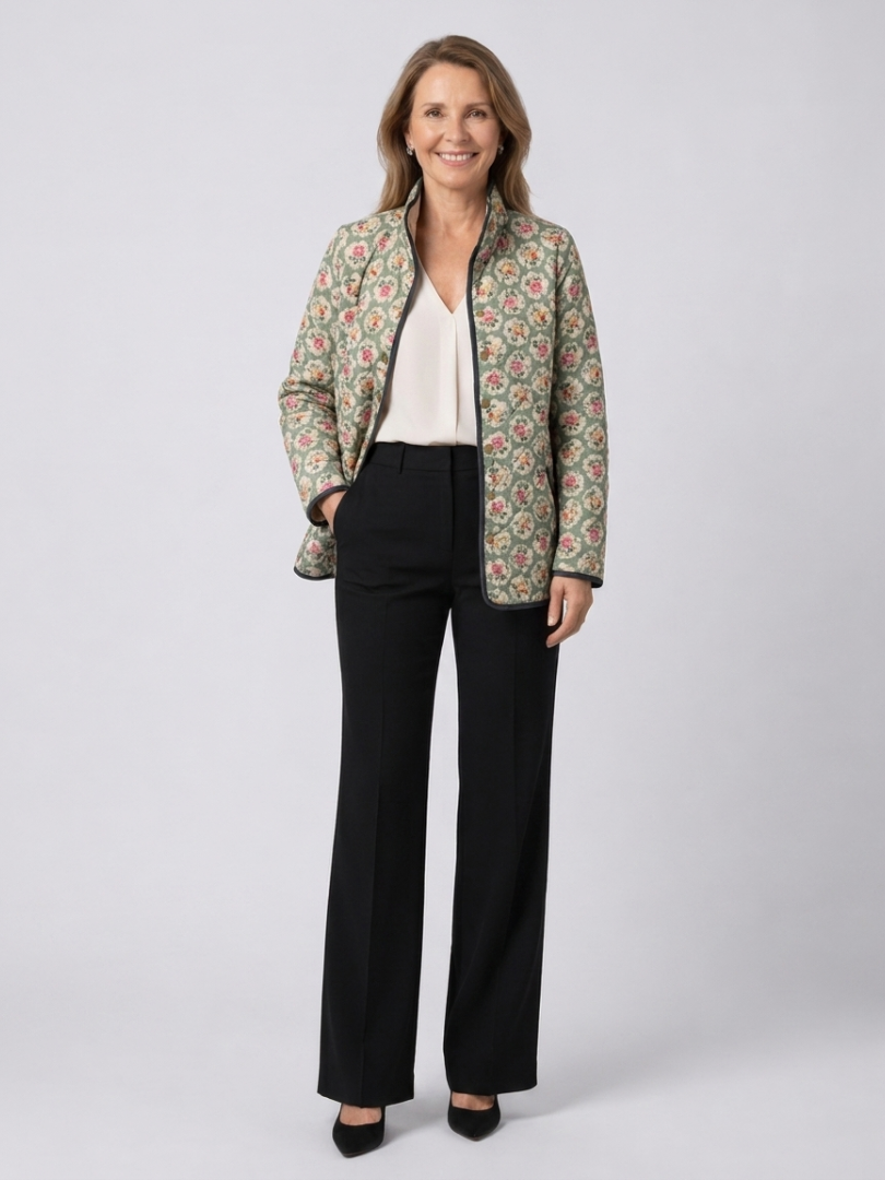 Vintage floral print quilted jacket with button front and stand collar, multicolour