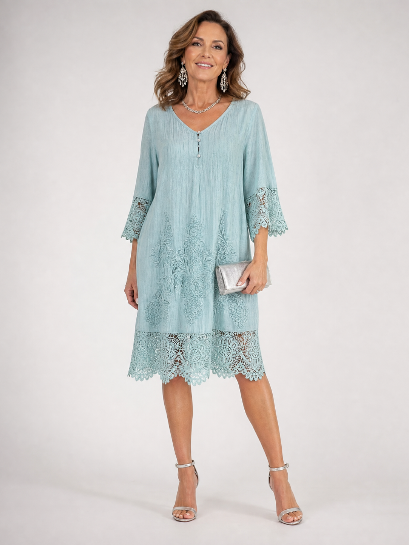 Light blue shift midi dress with V-neck and embroidered lace hem trim