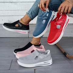 Comfort sneakers in blue, red, black, pink, and gray with white soles and cutouts