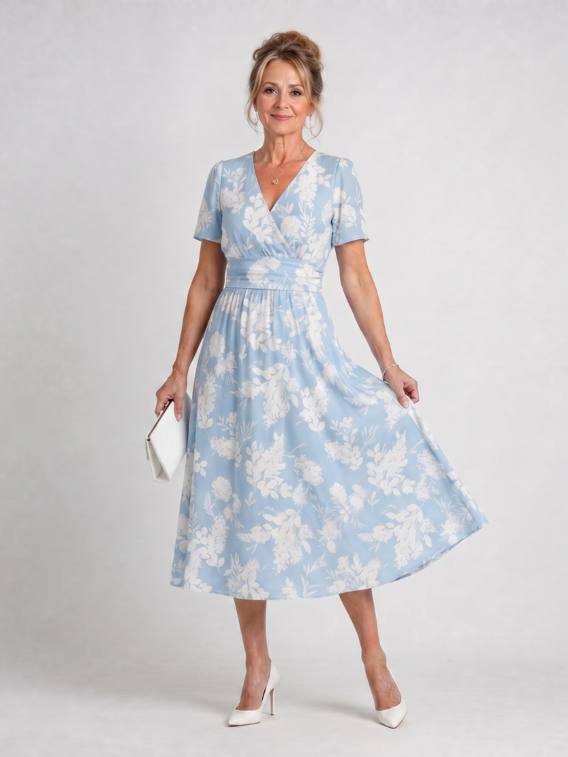 Light blue floral V-neck midi dress with short sleeves and gathered waist