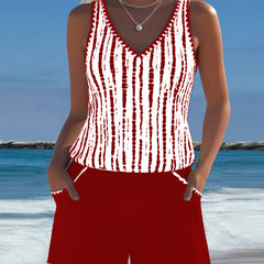 Red two-piece V-neck swimsuit set with white vertical tie-dye stripe top and shorts