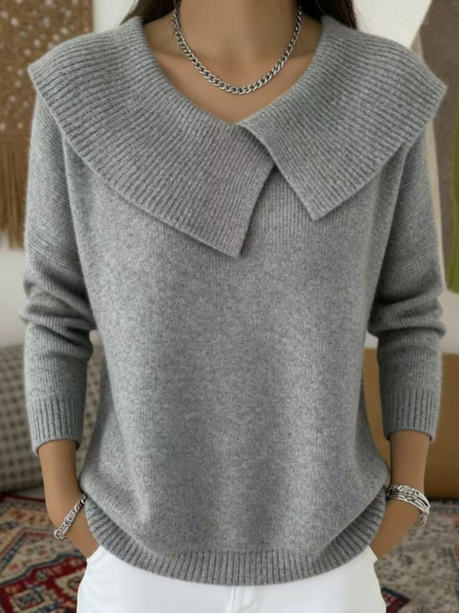 Women’s warm gray knit jumper with soft fold-over collar and long sleeves