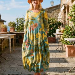 Painted canvas midi dress, teal/yellow/coral painterly print, long sleeves, loose fit