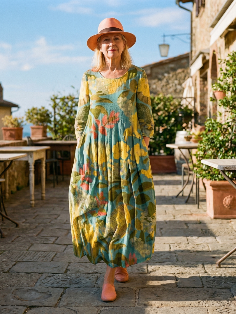 Painted canvas midi dress, teal/yellow/coral painterly print, long sleeves, loose fit