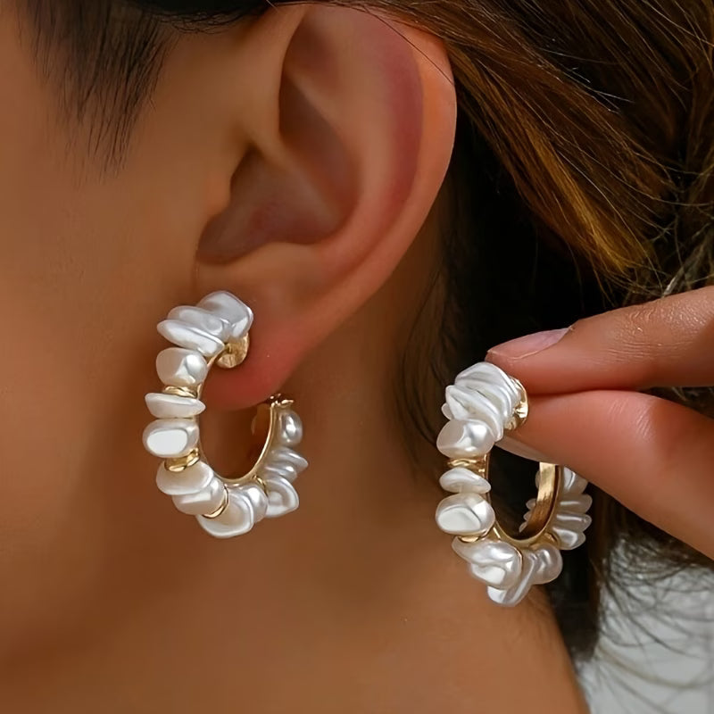Chunky pearl statement earrings with white pearl hoop clusters and gold posts