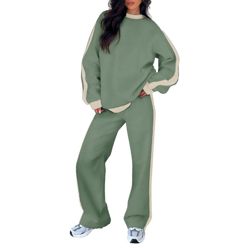 Smoke green 2-piece lounge set with crewneck sweatshirt and loose jogger pants, beige side stripes