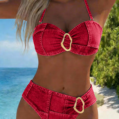 Red denim-style bandeau bikini top with center oval metal buckle and matching high-rise bottom
