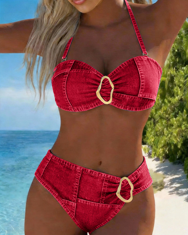 Red denim-style bandeau bikini top with center oval metal buckle and matching high-rise bottom