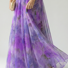 Soft wrap maxi dress with V-neck, purple watercolor print and chiffon-like flowing skirt