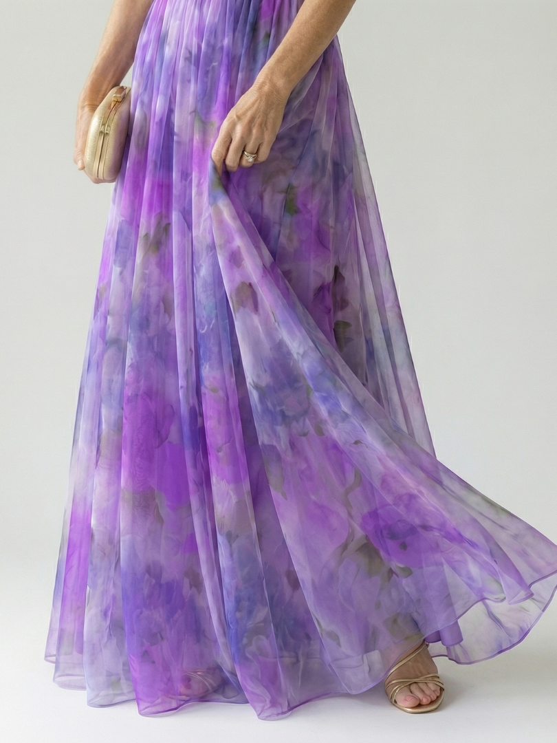 Soft wrap maxi dress with V-neck, purple watercolor print and chiffon-like flowing skirt