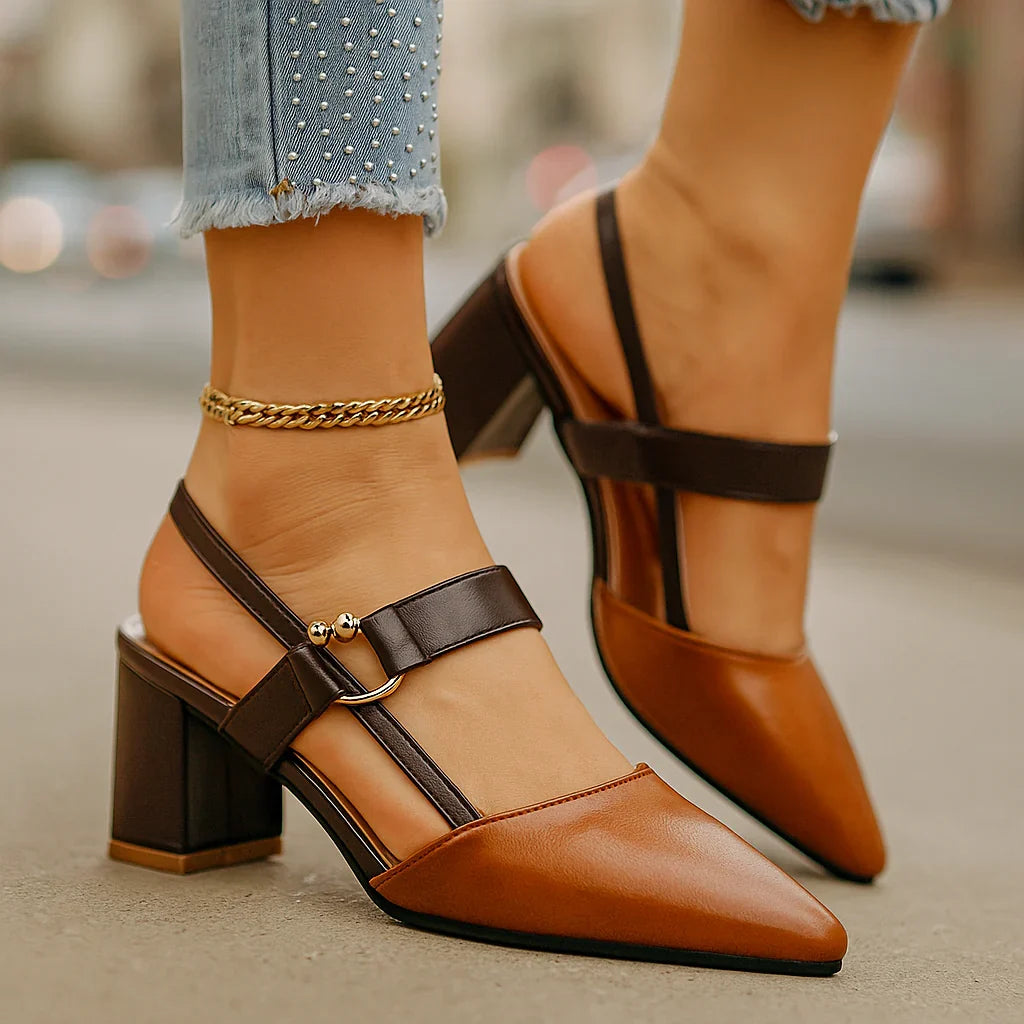 Two-tone ring-strap heels with block heel, tan upper with black heel straps