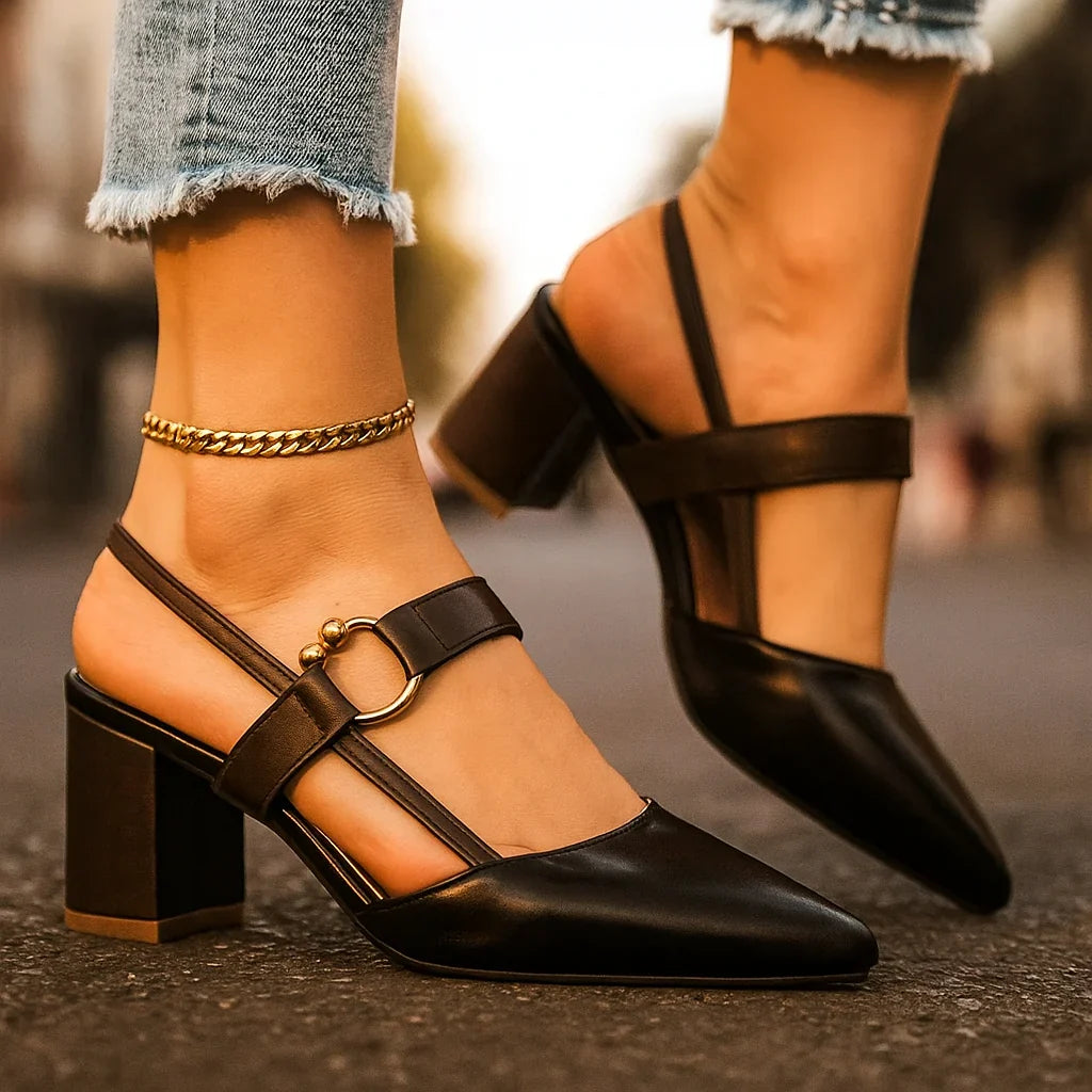 Ring-strap heels with block heel, black upper with gold-tone ring detail