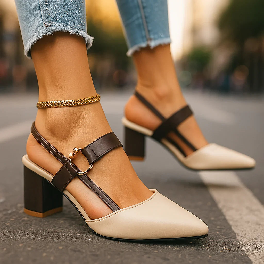 Two-tone ring-strap heels with block heel, beige toe and black straps