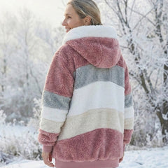 Colorblock plush hooded jacket with zip, mauve and light gray stripes with cream panel.