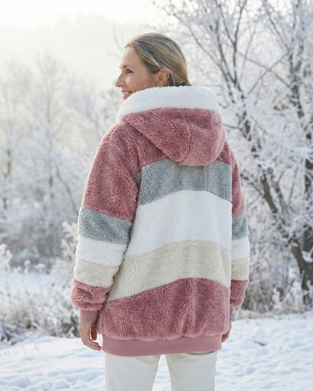 Colorblock plush hooded jacket with zip, mauve and light gray stripes with cream panel.