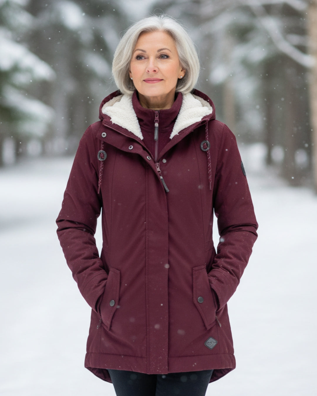 Burgundy sherpa-lined parka with adjustable hood, zip front, and snap button chest pockets