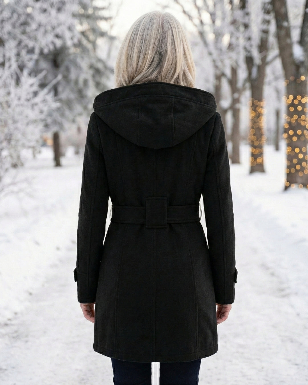 Back view of black wool belted coat with hood and buttoned cuffs