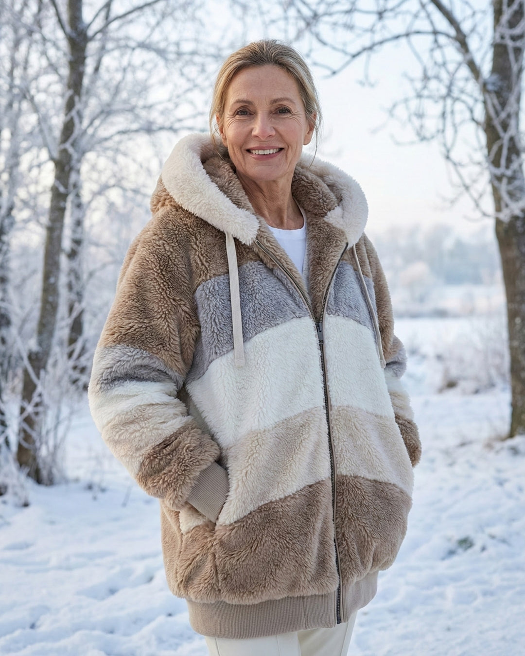 Colorblock plush jacket with hood, zip front, white drawstrings; beige and gray plush panels