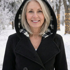 Black hooded wool coat with plaid-lined hood and double-breasted button closure