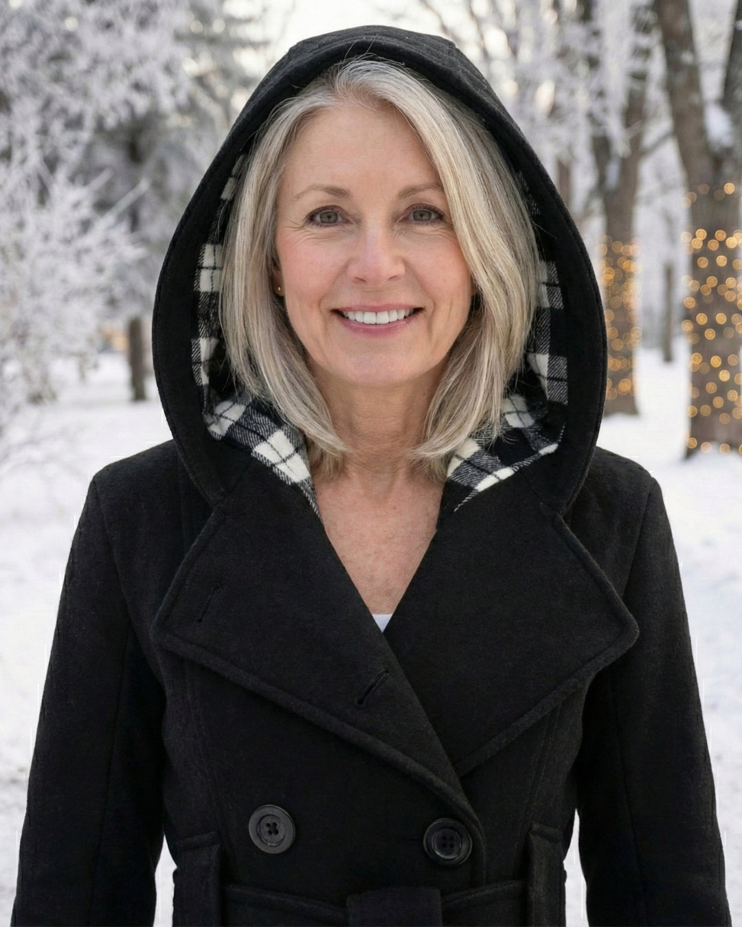 Black hooded wool coat with plaid-lined hood and double-breasted button closure