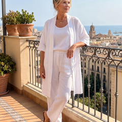 White relaxed three-piece set with long tunic and wide-leg pants