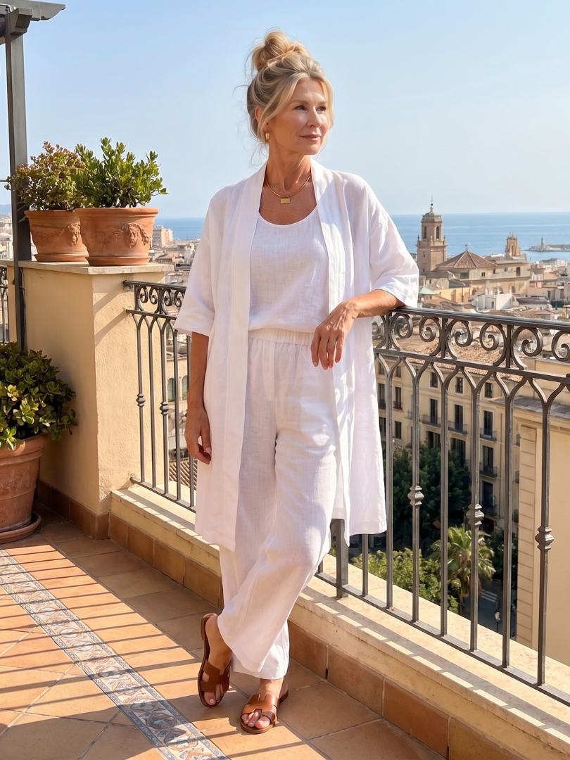 White relaxed three-piece set with long tunic and wide-leg pants