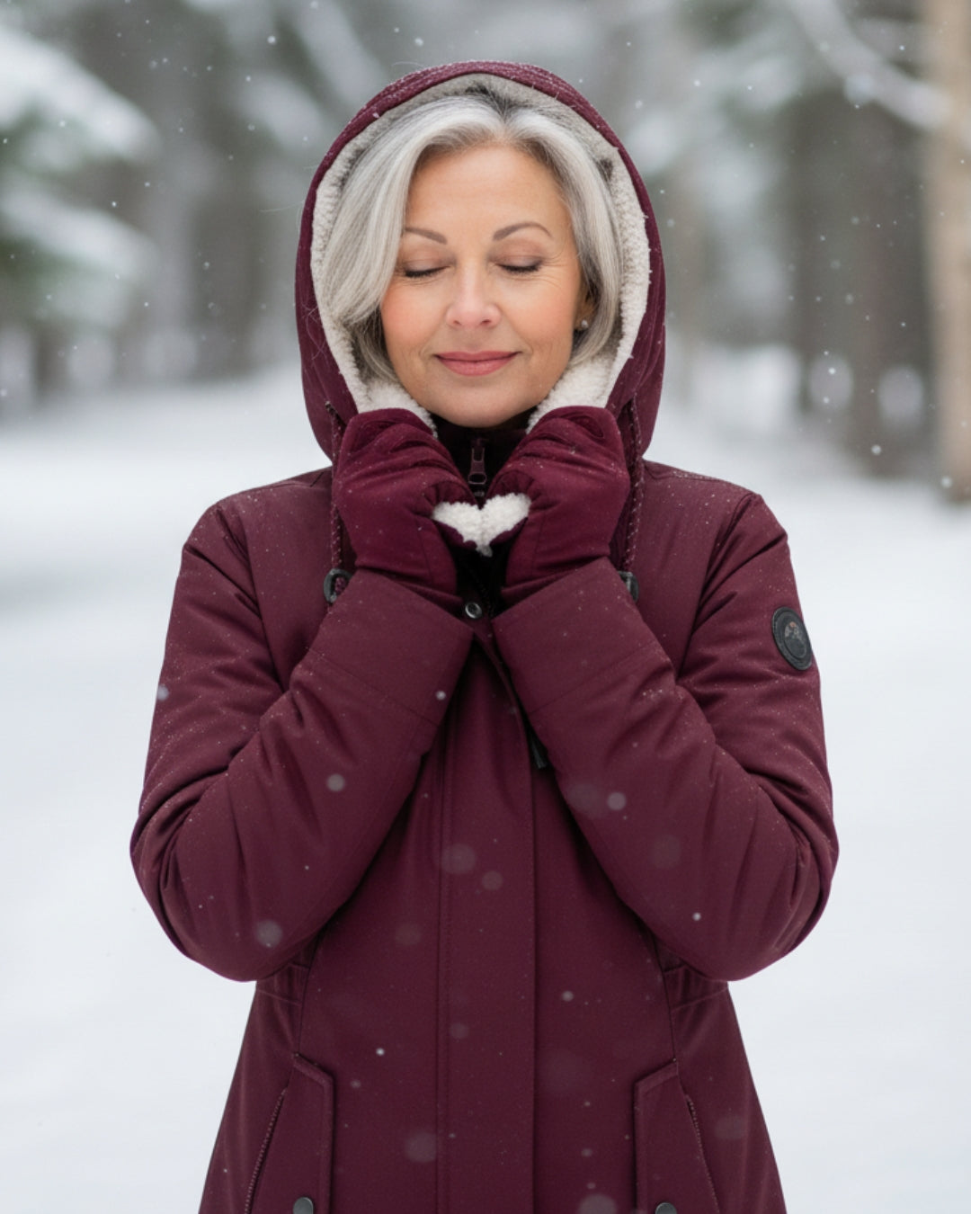 Burgundy sherpa-lined parka with hood and front zip, shown close-up with hands near collar