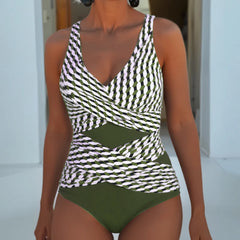 Women's cross-over swimsuit, white with dark geometric print and green bottom