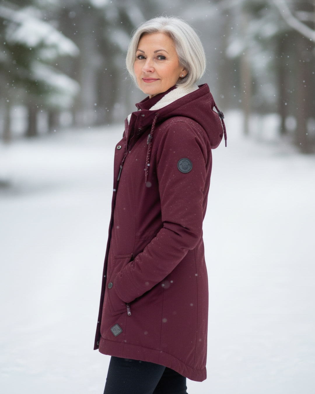 Burgundy sherpa-lined parka in side view with zip front, snap pockets, and drawcord hood