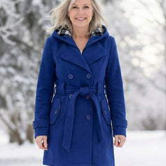 Blue wool hooded coat with plaid-lined hood, double-breasted buttons, and waist belt.